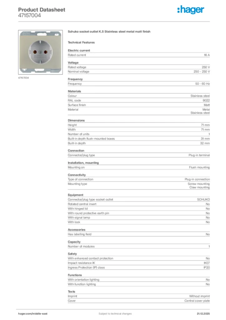 Image Hager Product data sheet 47157004  | Hager