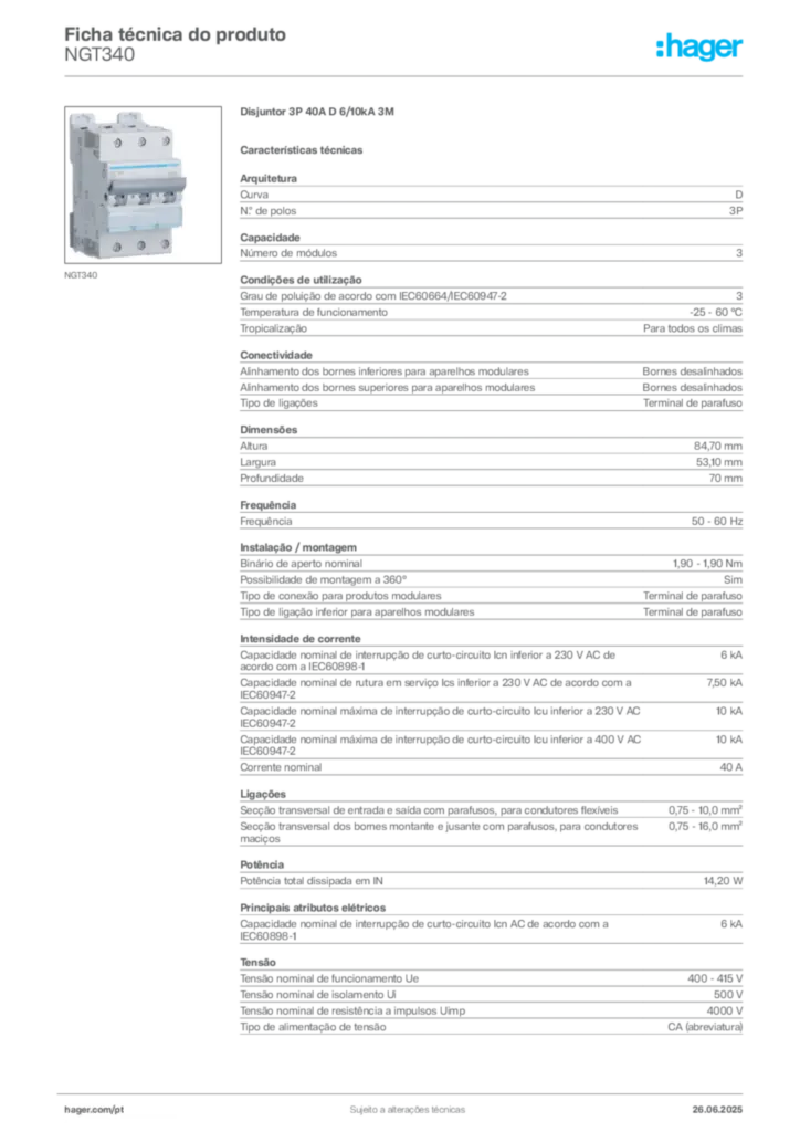 Imagem Hager Ficha técnica do produto NGT340 | Hager Portugal