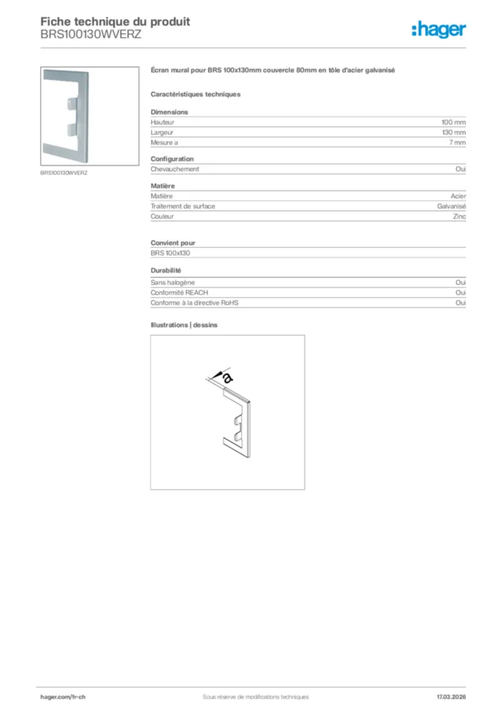 Image Hager Fiche technique du produit BRS100130WVERZ | Hager Suisse