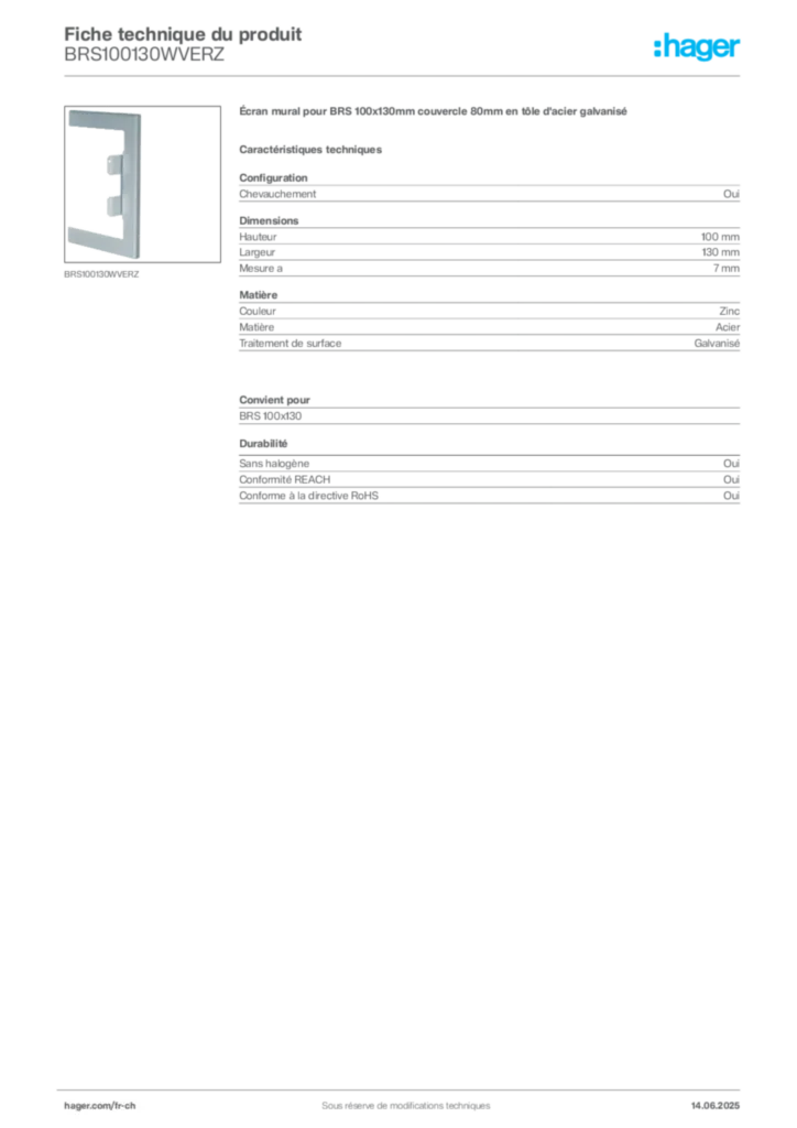 Image Hager Fiche technique du produit BRS100130WVERZ | Hager Suisse
