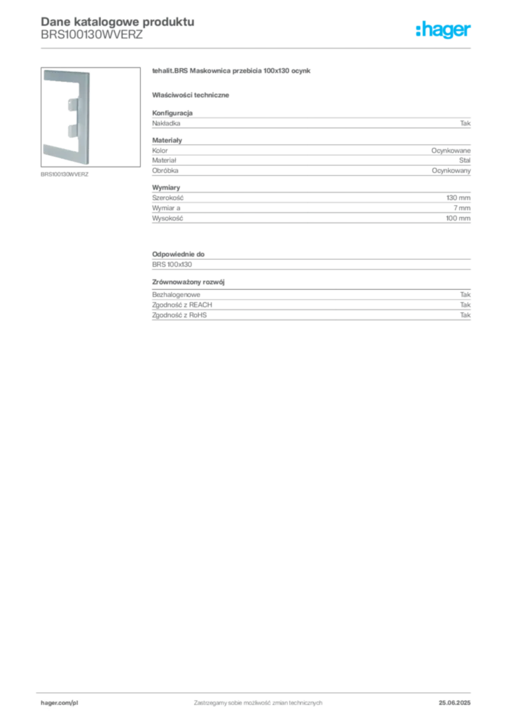 Zdjęcie Hager Dane katalogowe produktu BRS100130WVERZ | Hager Polska