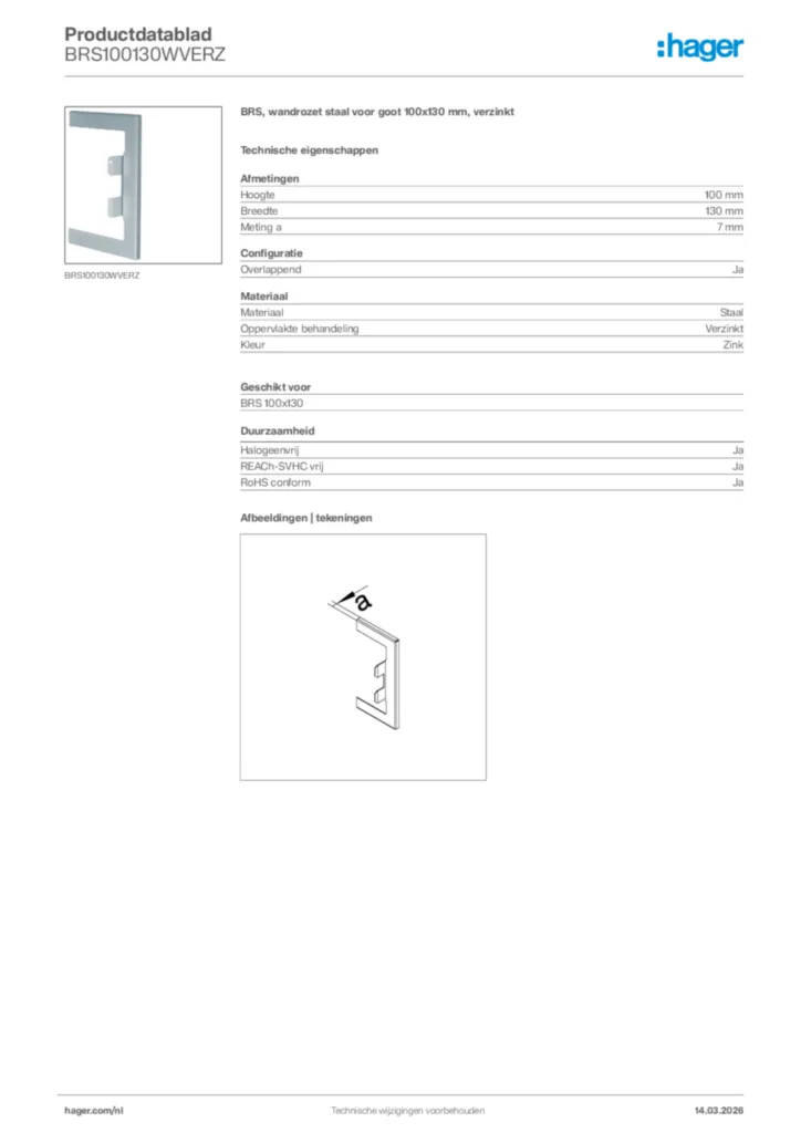 Afbeelding Hager Productdatablad BRS100130WVERZ | Hager Nederland