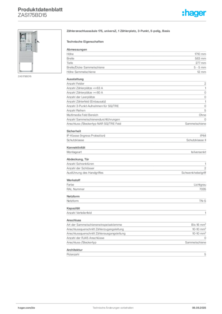 Hager Produktdatenblatt ZAS175BD15