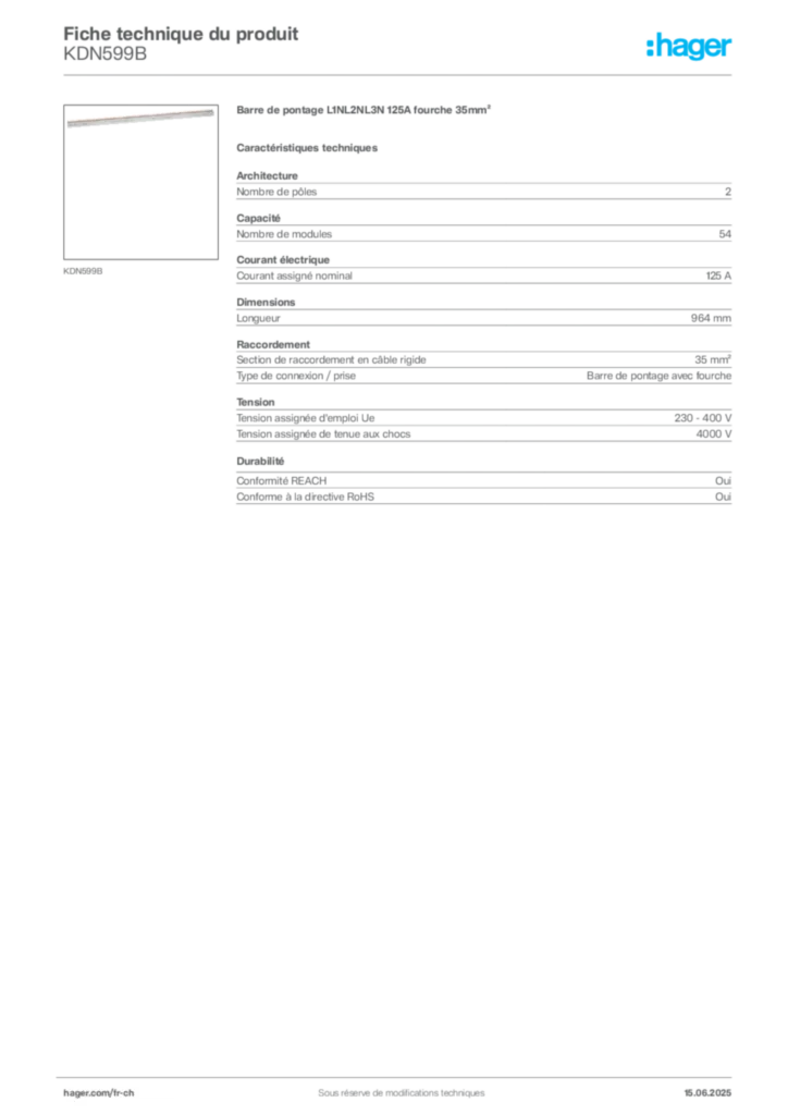 Image Hager Fiche technique du produit KDN599B | Hager Suisse