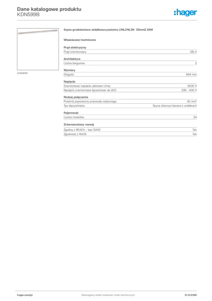 Zdjęcie Hager Dane katalogowe produktu KDN599B | Hager Polska