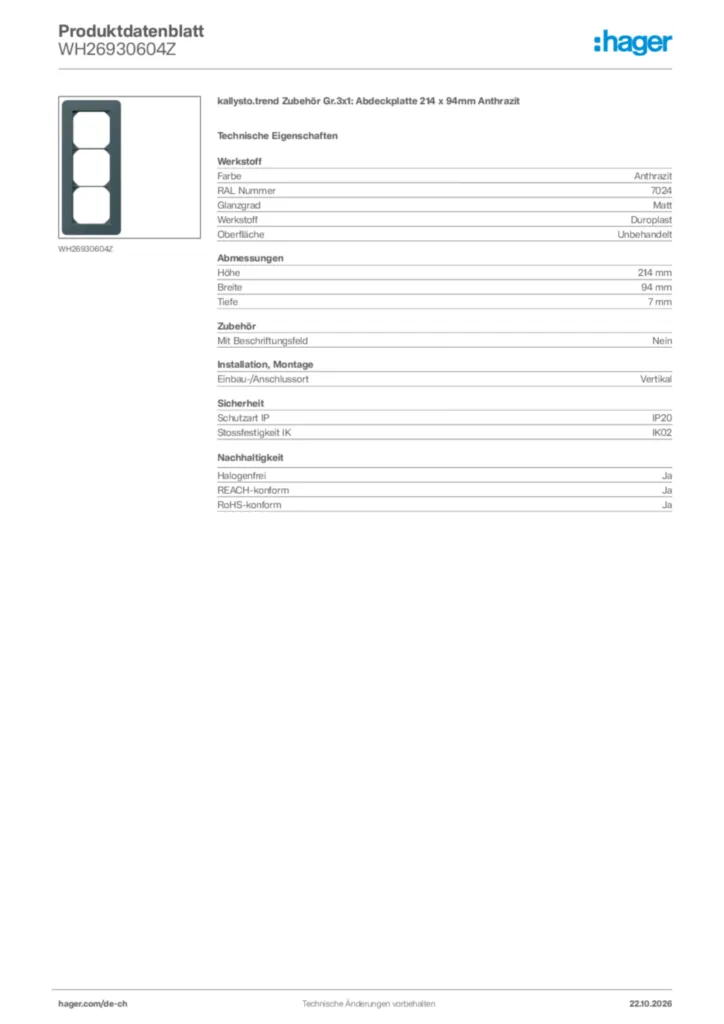 Bild Hager Produktdatenblatt WH26930604Z | Hager Schweiz