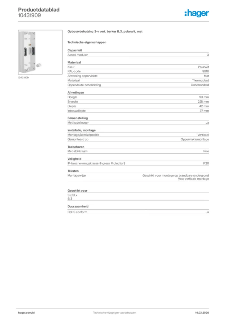 Afbeelding Hager Productdatablad 10431909 | Hager Nederland