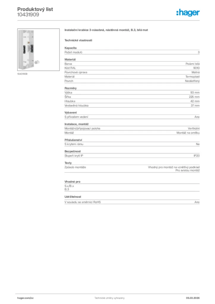 Obrázek Hager Product data sheet 10431909 | Hager