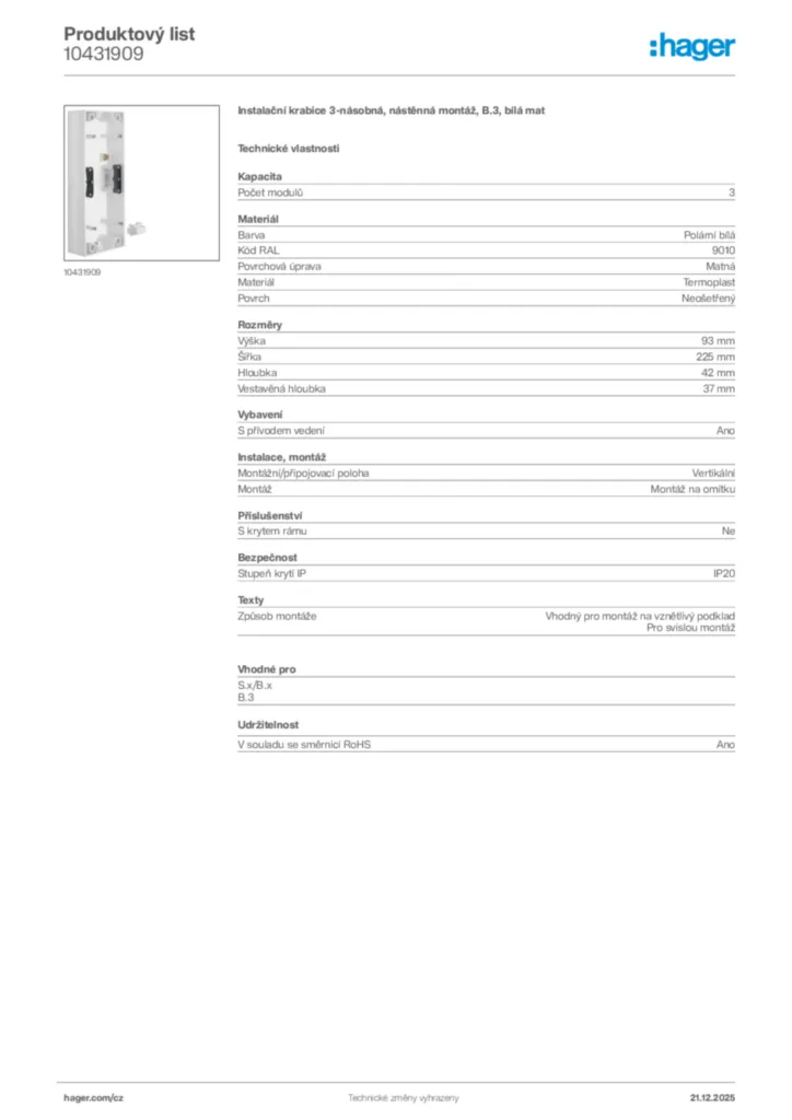 Obrázek Hager Produktový list 10431909 | Hager