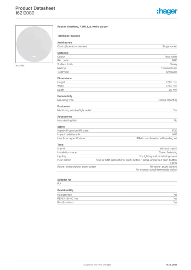 Image Hager Product data sheet 16212089  | Hager