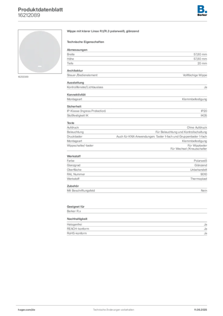 Bild Berker Produktdatenblatt 16212089 | Hager Deutschland