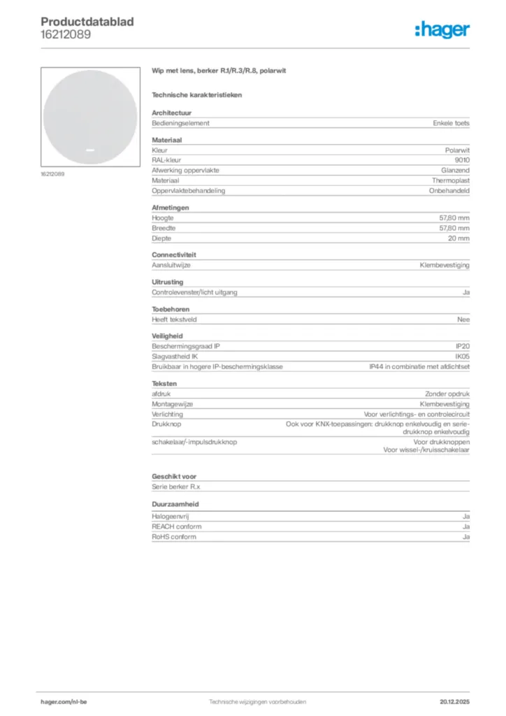 Afbeelding Hager Productdatablad 16212089 | Hager Belgium