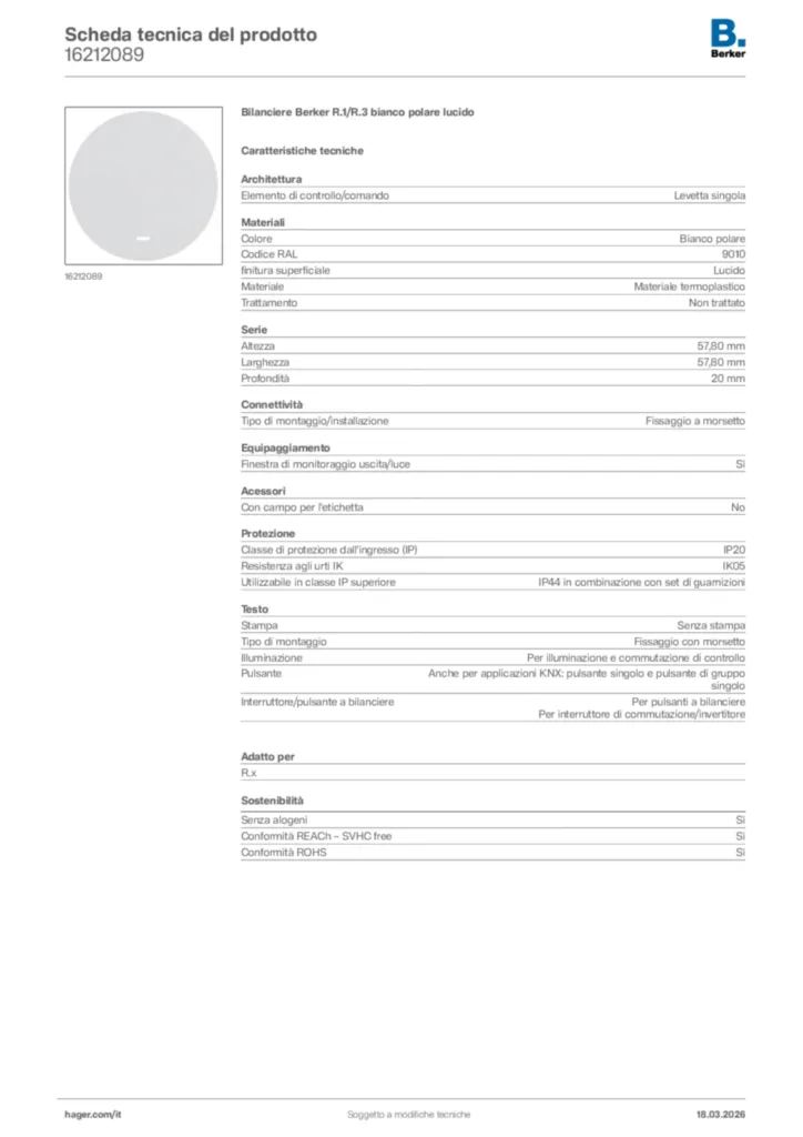 Immagine Berker Scheda tecnica del prodotto 16212089 | Hager Italia