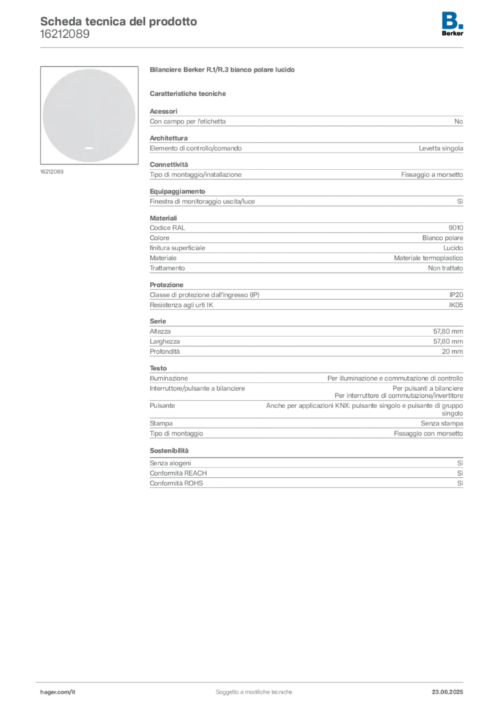 Immagine Berker Scheda tecnica del prodotto 16212089 | Hager Italia