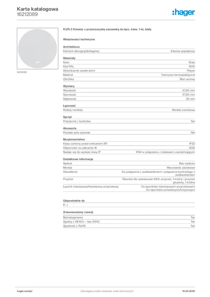 Zdjęcie Hager Karta katalogowa 16212089 | Hager Polska