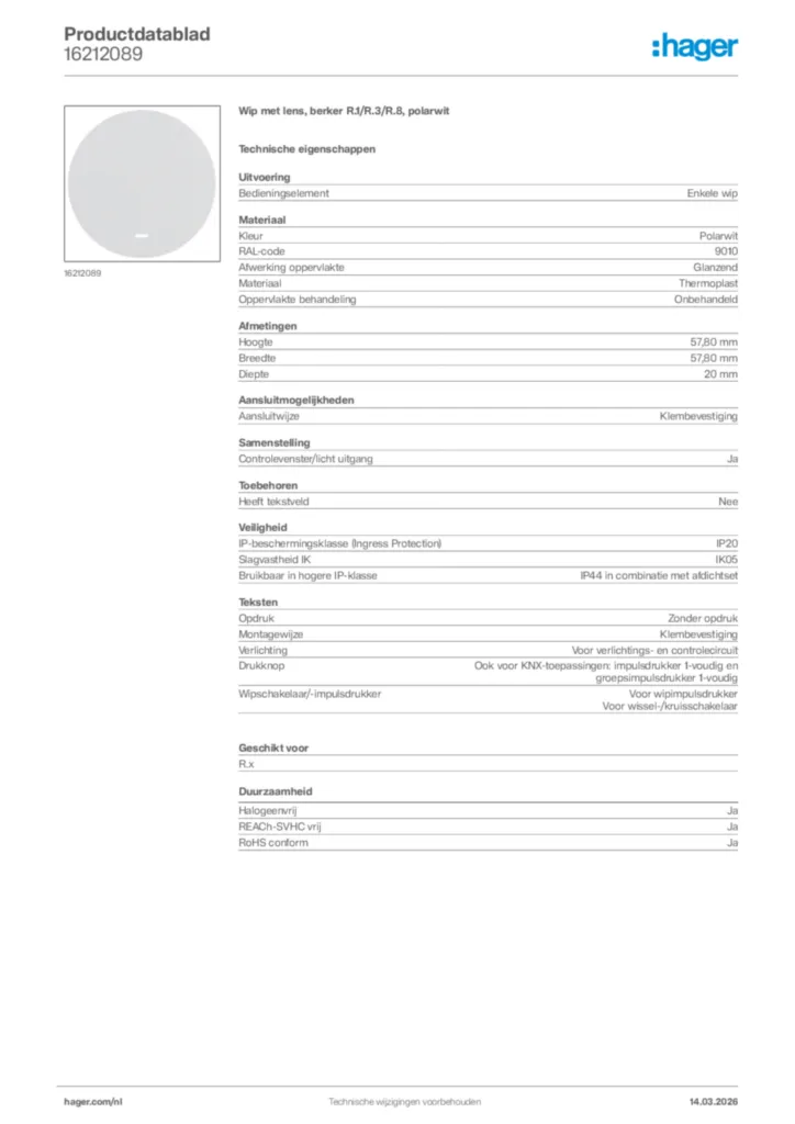 Afbeelding Hager Productdatablad 16212089 | Hager Nederland