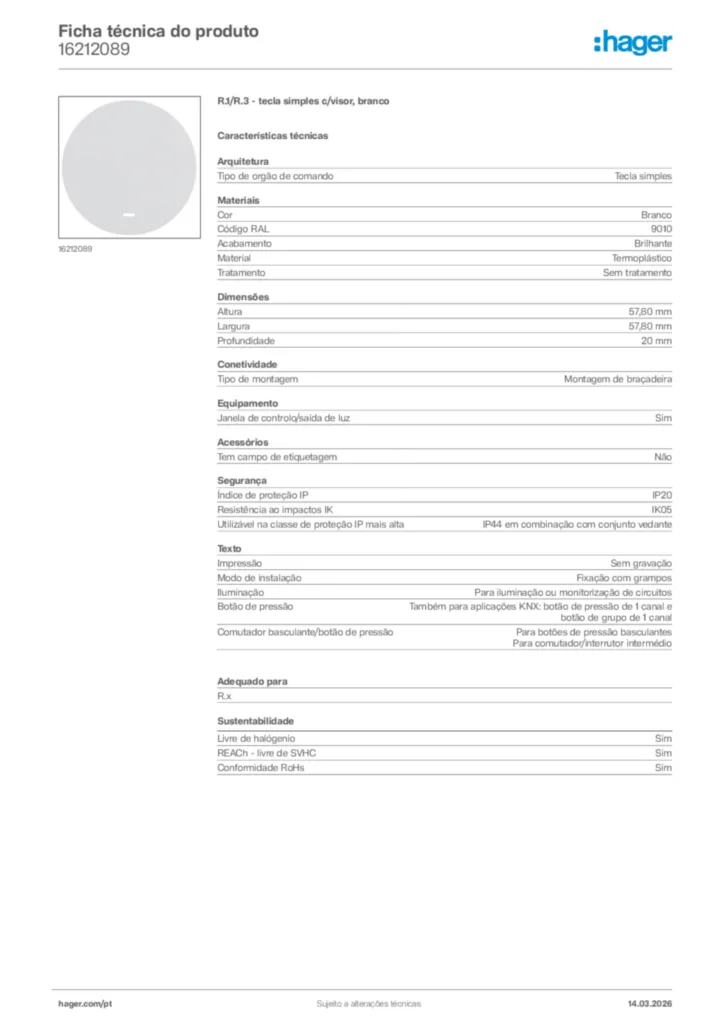 Imagem Hager Ficha técnica do produto 16212089 | Hager Portugal