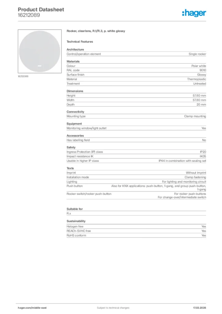 Image Hager Product data sheet 16212089  | Hager