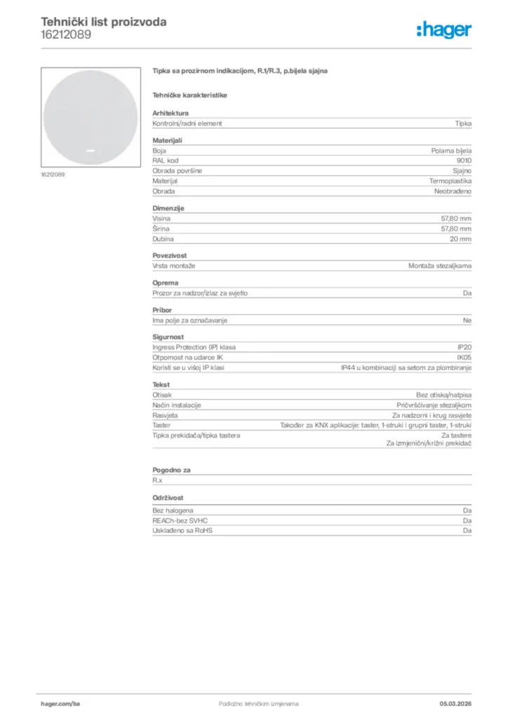 Slika Hager Tehnički list proizvoda 16212089  | Hager