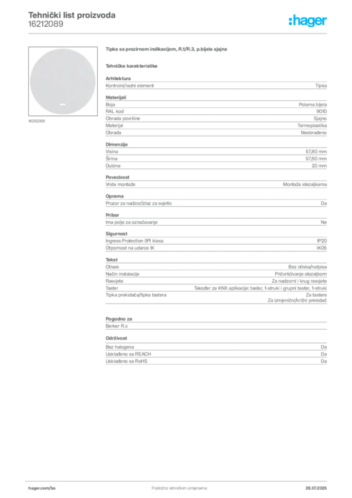 Slika Hager Product data sheet 16212089  | Hager
