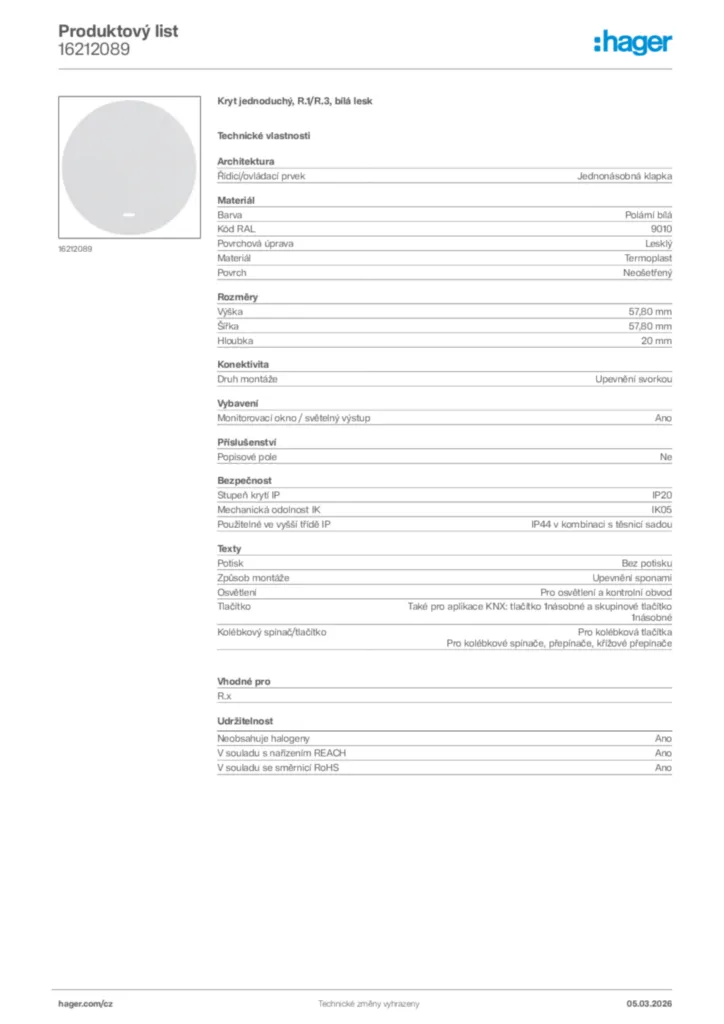 Obrázek Hager Product data sheet 16212089 | Hager