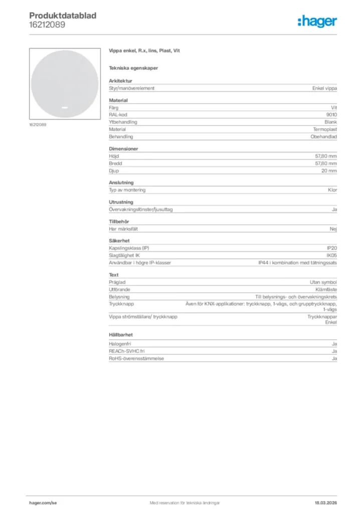 Bild Hager Produktdatablad 16212089 | Hager Sverige