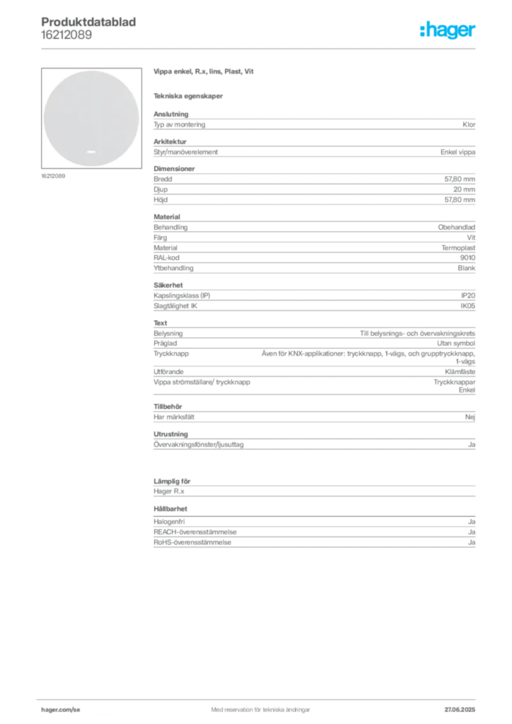 Bild Hager Produktdatablad 16212089 | Hager Sverige