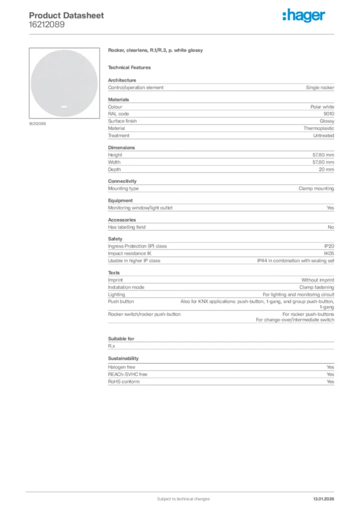 Image Hager Product data sheet 16212089  | Hager
