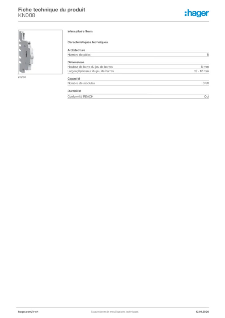 Image Hager Fiche technique du produit KN008 | Hager Suisse