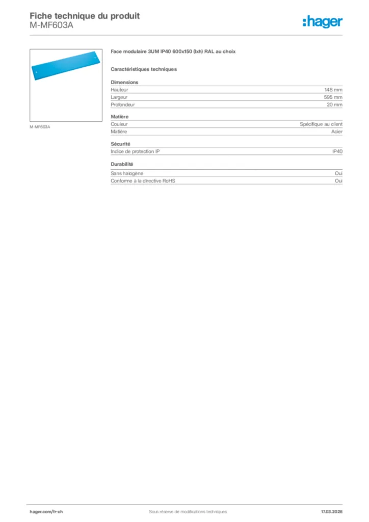 Image Hager Fiche technique du produit M-MF603A | Hager Suisse