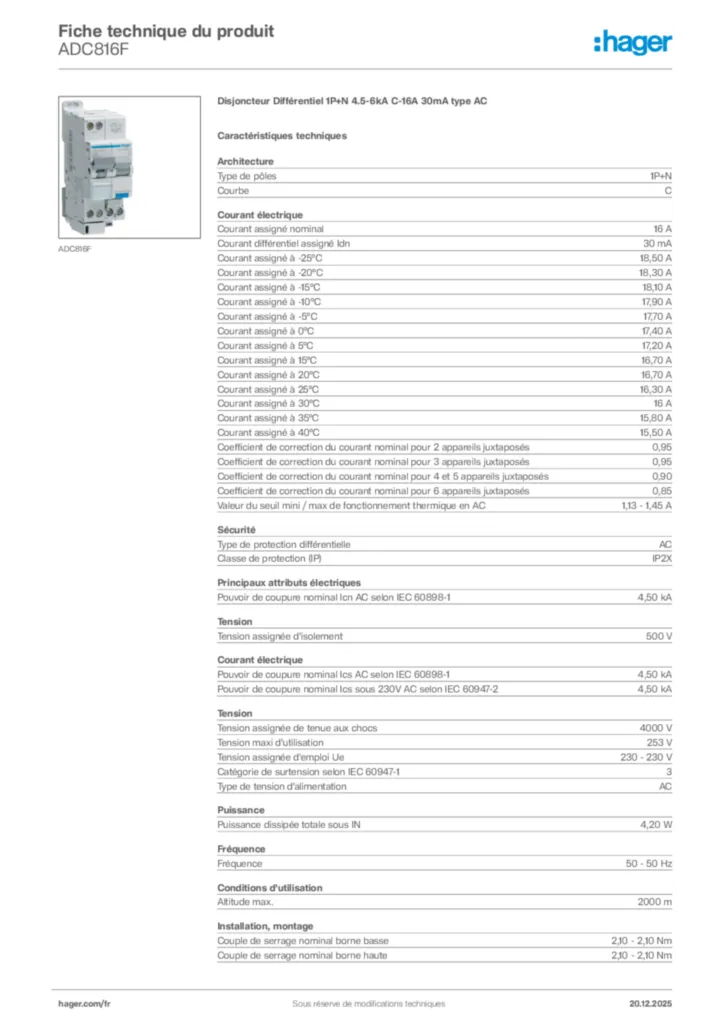 Image Hager Fiche technique du produit ADC816F | Hager France