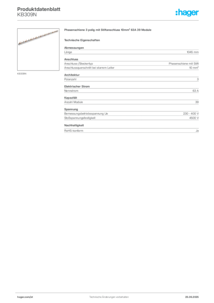 Bild Hager Produktdatenblatt KB309N | Hager Deutschland