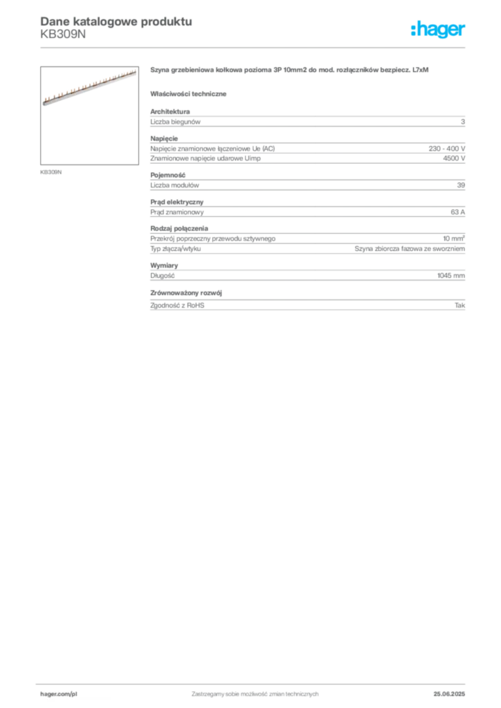 Zdjęcie Hager Dane katalogowe produktu KB309N | Hager Polska