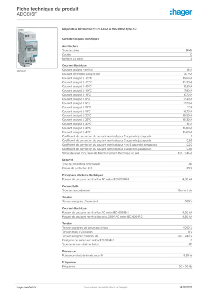 Image Hager Fiche technique du produit ADC816F | Hager Afrique