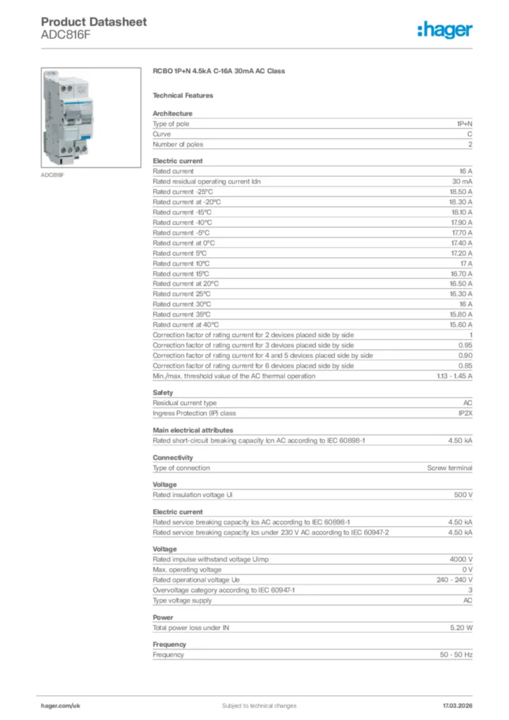 Image Hager Product data sheet ADC816F  | Hager