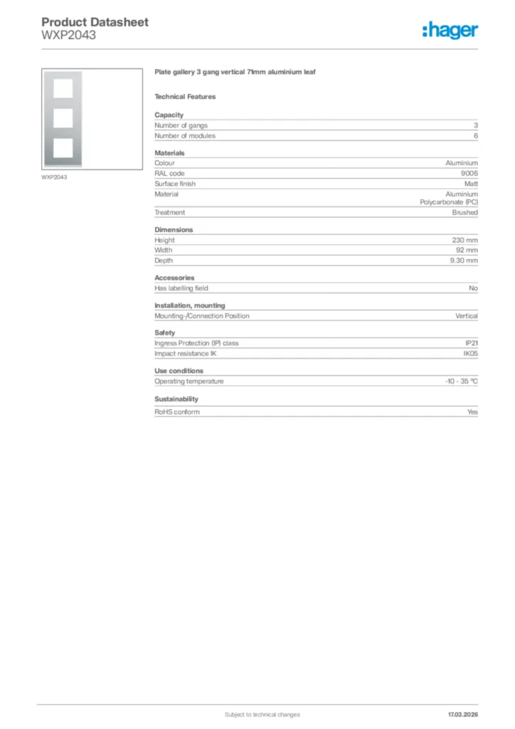 Image Hager Product data sheet WXP2043  | Hager Africa