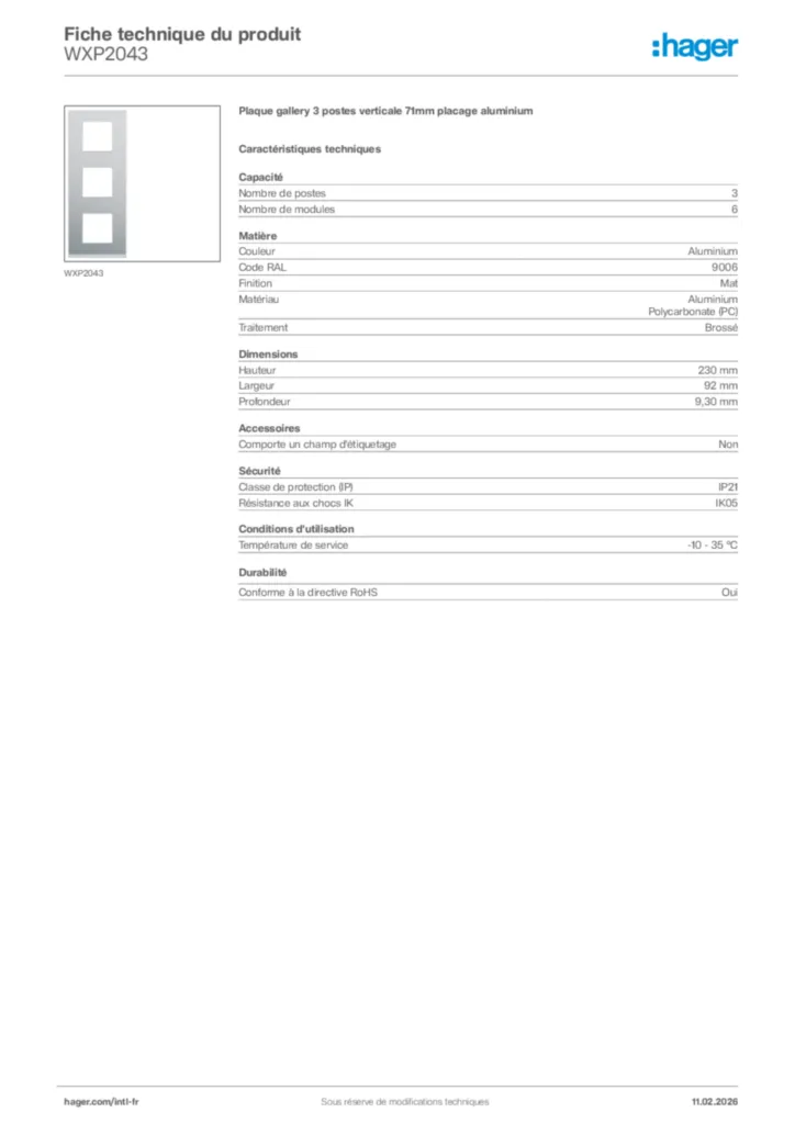 Image Hager Fiche technique du produit WXP2043 | Hager Afrique