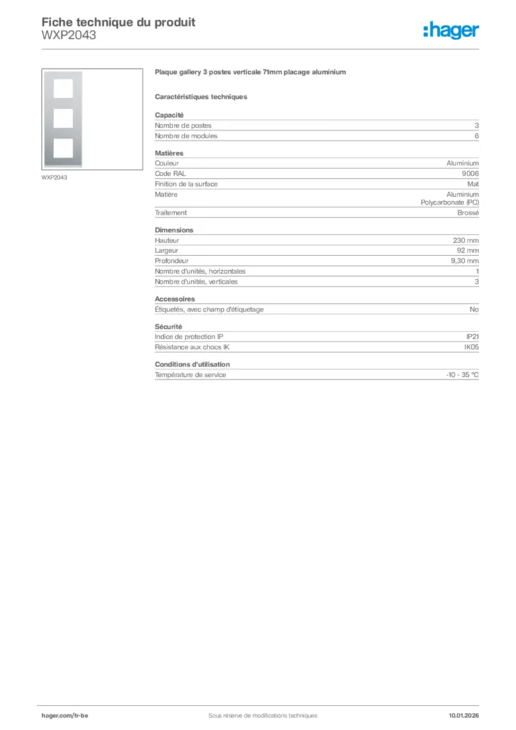 Image Hager Fiche technique du produit WXP2043 | Hager Belgique