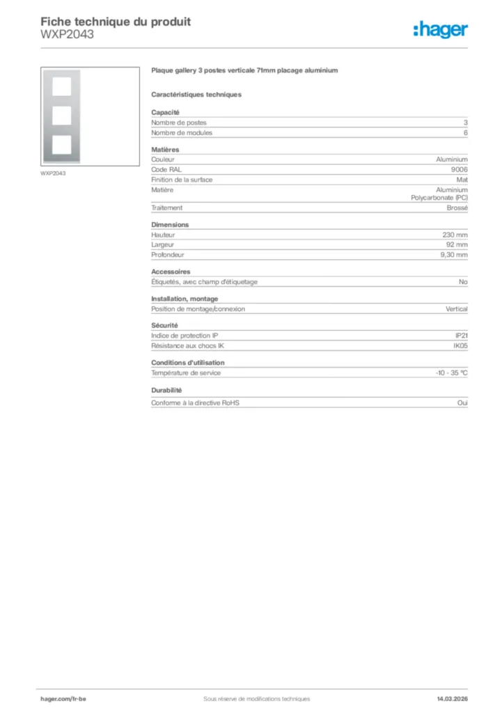 Image Hager Fiche technique du produit WXP2043 | Hager Belgique