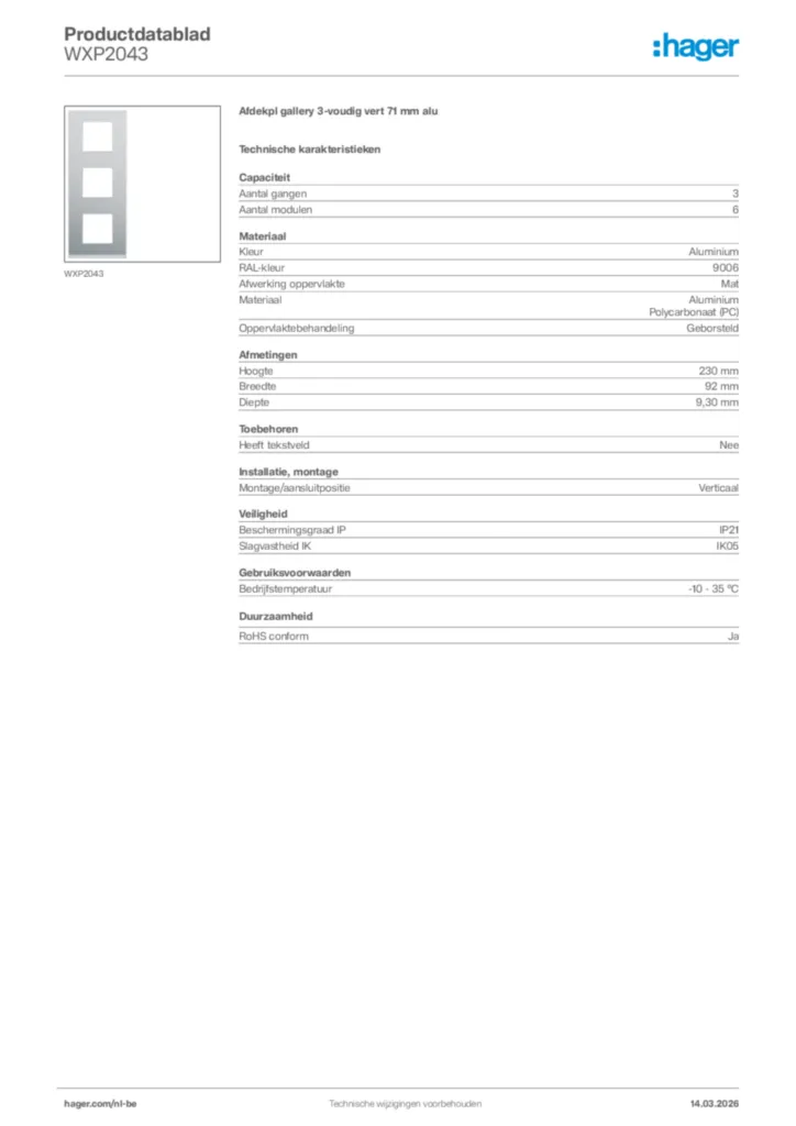 Afbeelding Hager Productdatablad WXP2043 | Hager Belgium