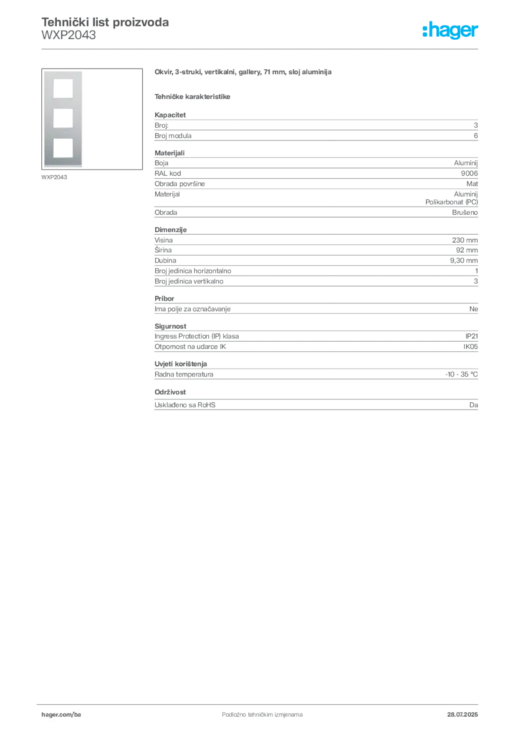 Slika Hager Product data sheet WXP2043  | Hager