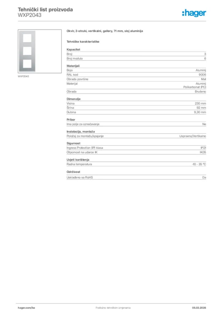 Slika Hager Tehnički list proizvoda WXP2043  | Hager