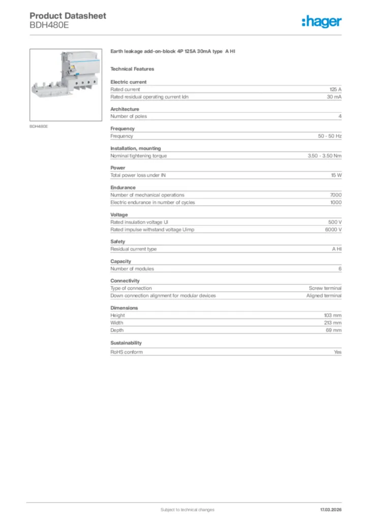 Image Hager Product data sheet BDH480E  | Hager Africa