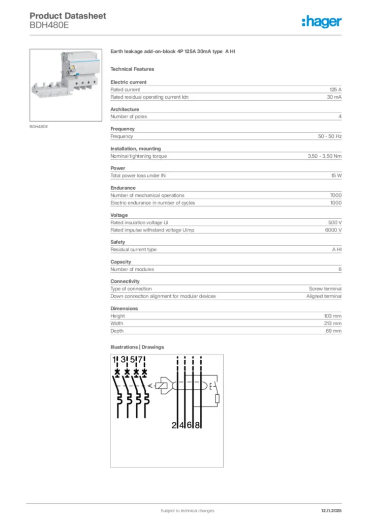 Image Hager Product data sheet BDH480E  | Hager Africa