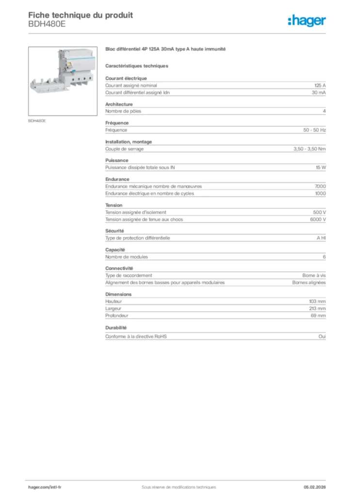 Image Hager Fiche technique du produit BDH480E | Hager Afrique