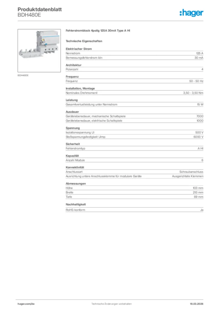 Bild Hager Produktdatenblatt BDH480E | Hager Deutschland