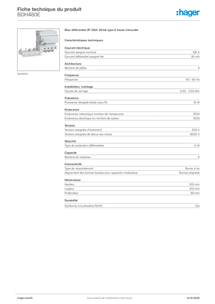 Image Hager Fiche technique du produit BDH480E | Hager France