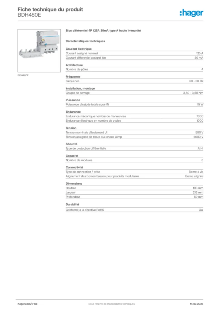 Image Hager Fiche technique du produit BDH480E | Hager Belgique