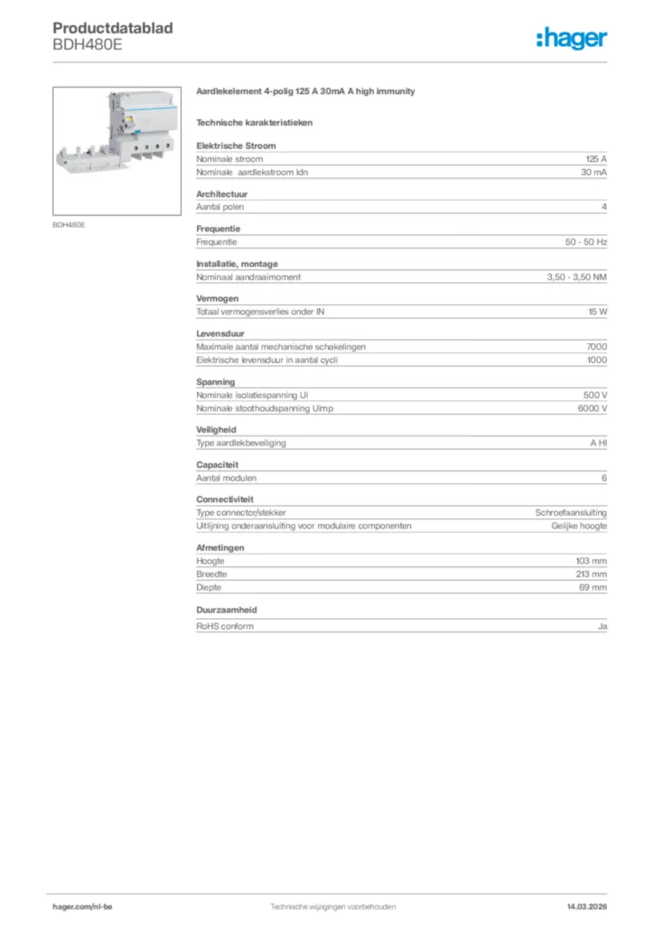 Afbeelding Hager Productdatablad BDH480E | Hager Belgium