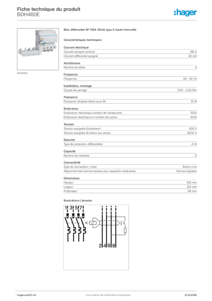 Image Hager Fiche technique du produit BDH480E | Hager Suisse